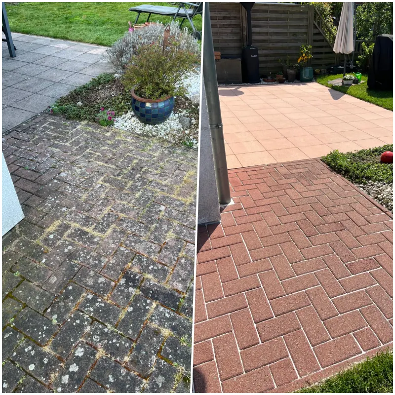 Direkter Vorher-Nachher-Vergleich einer gereinigten Pflasterfläche